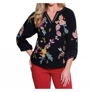 NEW TRU LUXE embroidered split neck top in black